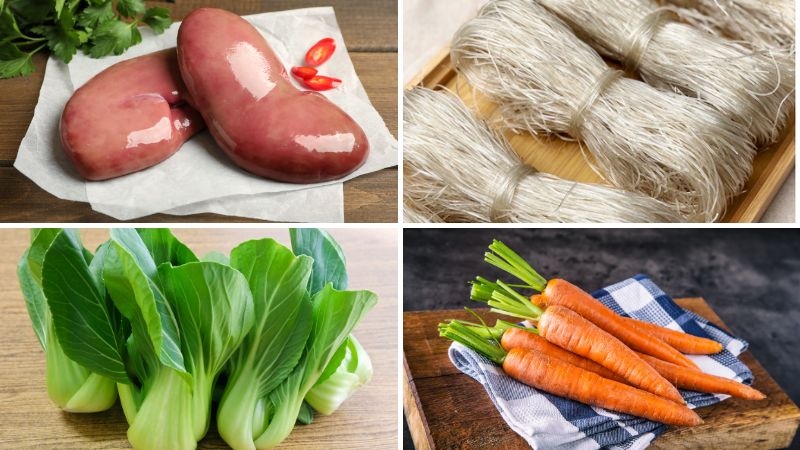 Nguyên liệu gồm cật heo, miến khô, cà rốt, cải ngọt tươi xanh cho món xào