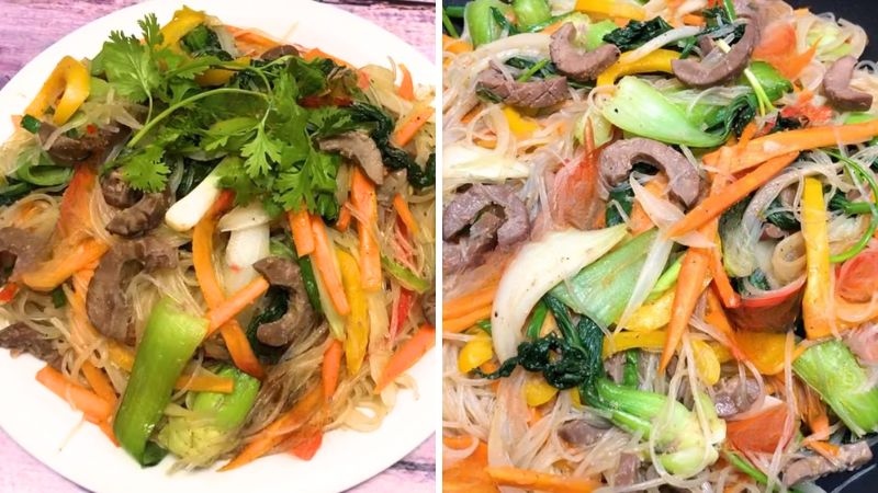 Miến xào cật heo chín đều, rau củ giòn tươi, hương vị đậm đà hấp dẫn