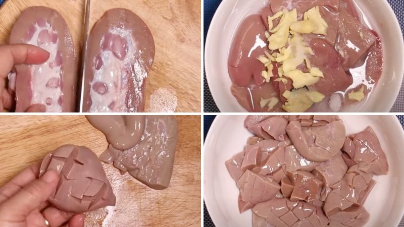 Sơ chế cật heo, loại bỏ mùi hôi và khứa nhẹ bề mặt giúp thấm gia vị khi nấu