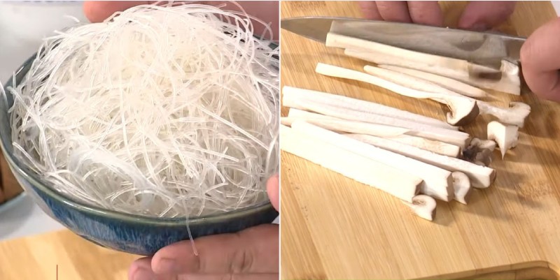 Sơ chế nguyên liệu làm miến xào giá và nấm