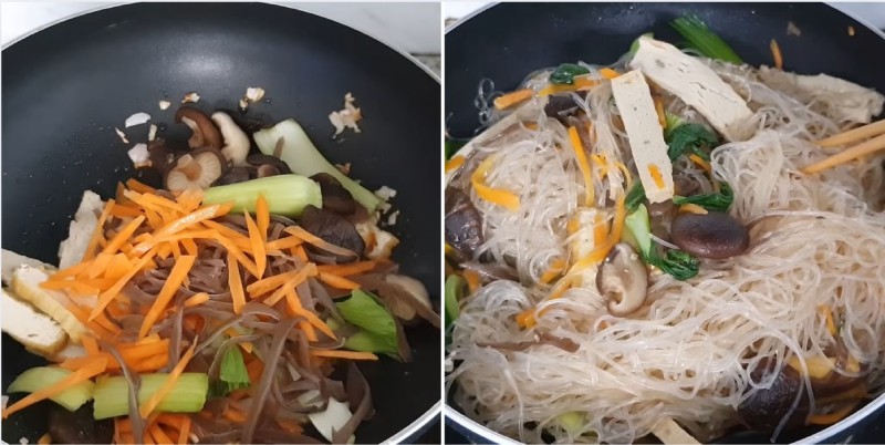 Xào miến, rau củ quả và chả chay