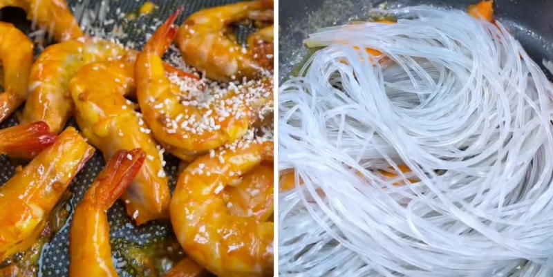 Xào tôm và cho miến đã ngâm mềm vào xào cùng