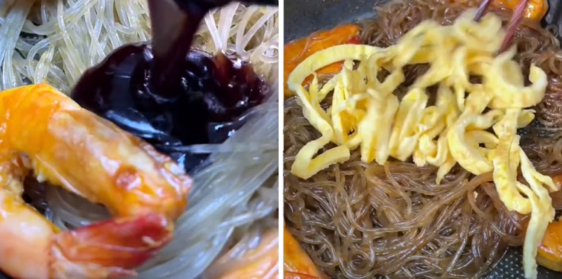 Rưới sốt lên miến và trộn cùng trứng