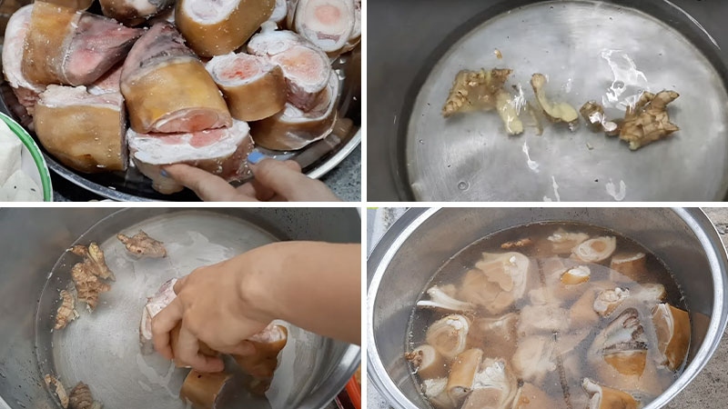 Đuôi bò được sơ chế sạch và luộc sơ với gừng để khử mùi hôi