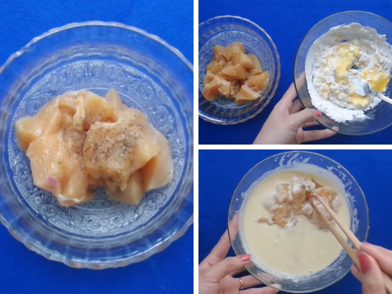 Công đoạn trộn gà với bột