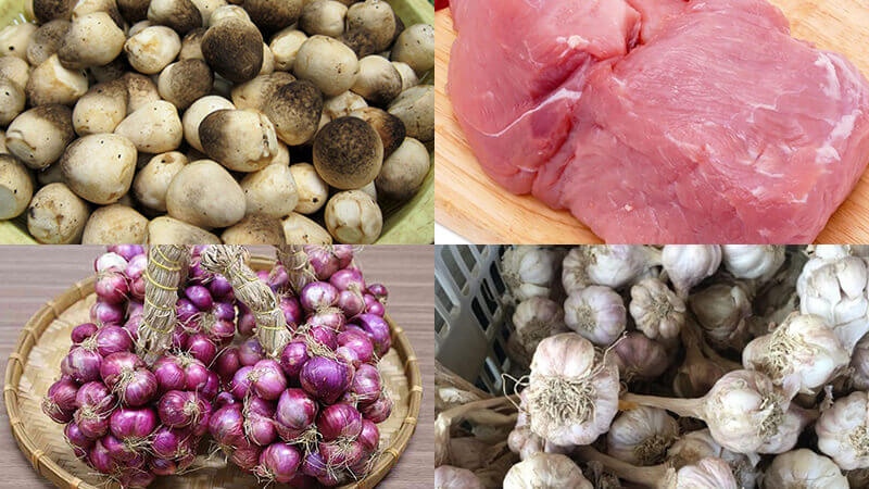 Các nguyên liệu để làm món thịt heo xào nấm rơm