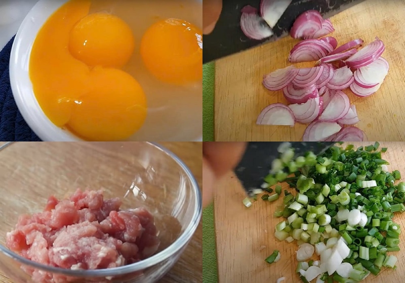 Sơ chế trứng, hành, thịt băm