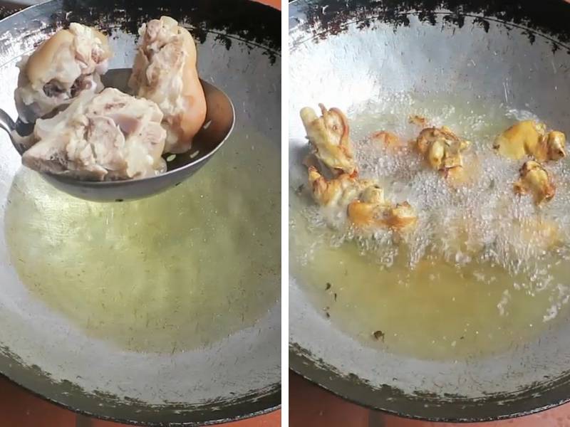Tiến hành công đoạn chiên giòn móng heo