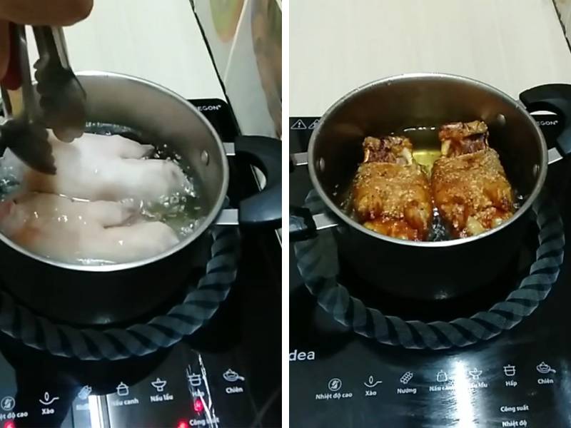 Tiến hành chiên giòn móng heo trong chảo dầu