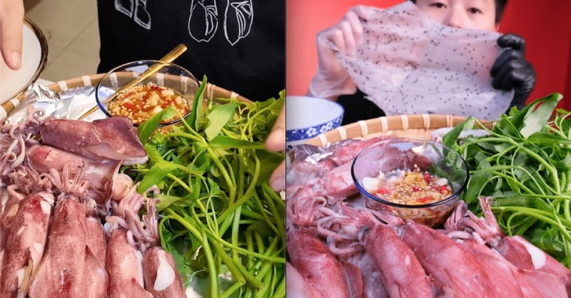 Mẹt mực hấp cuốn rau muống đầy ắp