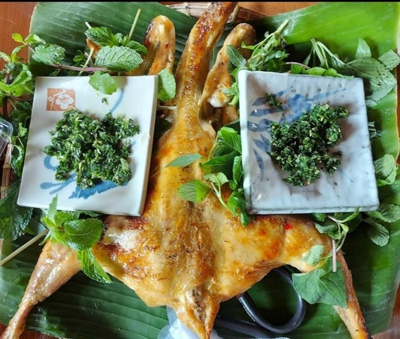Gà nướng bày cùng muối é xanh, rau sống trên lá chuối tươi