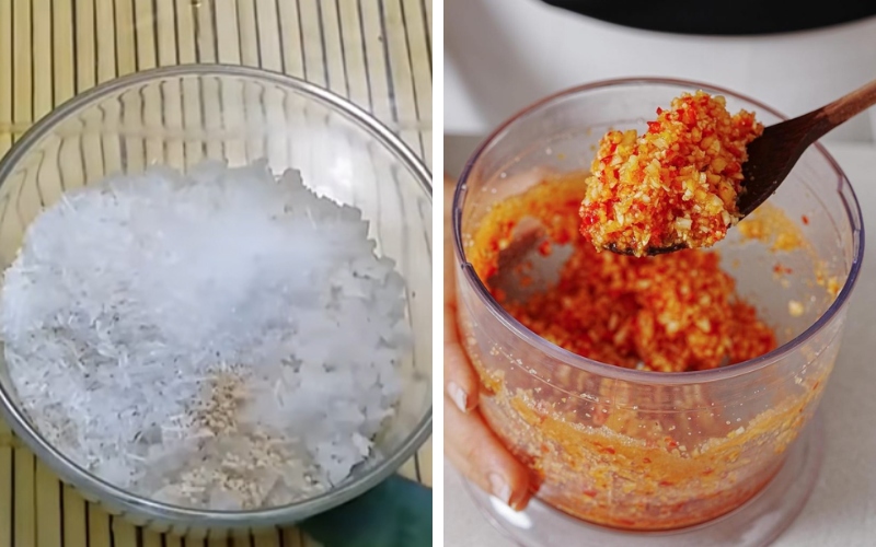 Xay hỗn hợp nguyên liệu làm muối tôm Tây Ninh chay