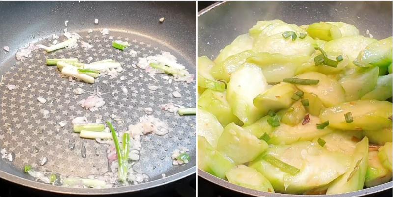 Tiến hành nấu mướp xào nấm đông cô