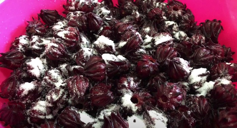 Hoa atiso đỏ trộn đường ướp trước khi sên mứt dẻo