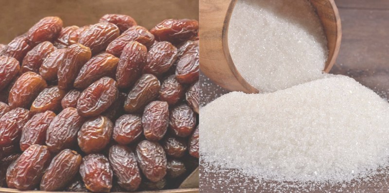 Chà là khô và đường trắng chuẩn bị làm mứt chà là