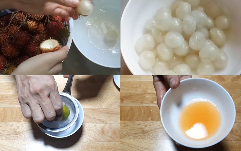 Sơ chế chôm chôm và vắt nước cam để chuẩn bị làm mứt