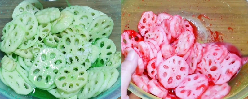Ướp củ sen với màu xanh và đỏ