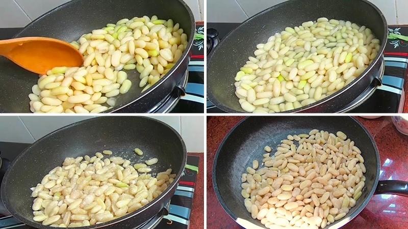 Các bước sên đậu trắng trên chảo để làm mứt
