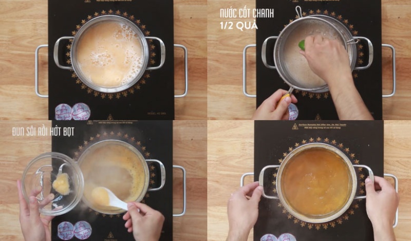 Nấu hỗn hợp dưa lưới thêm chanh và hớt bọt kỹ