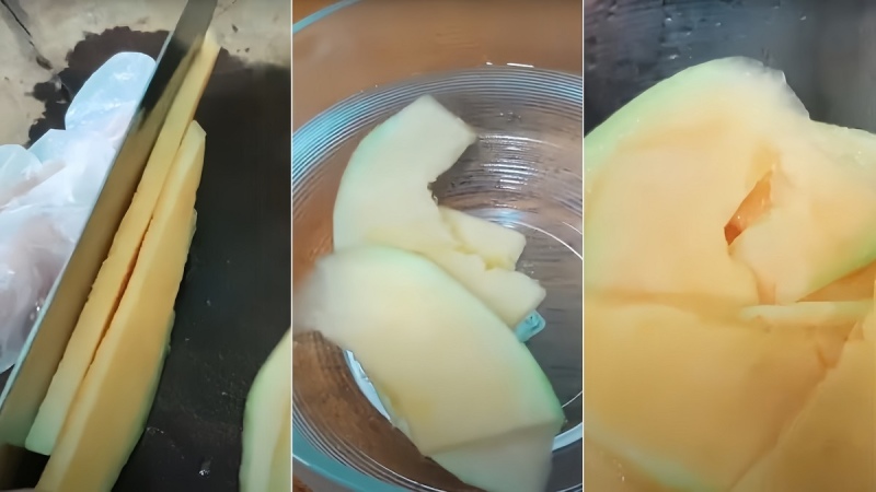 Dưa lưới gọt vỏ thái miếng nhỏ chuẩn bị làm mứt