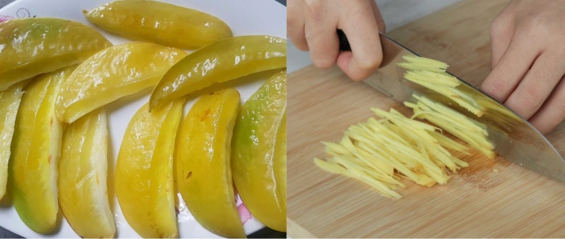 Khế cắt miếng và gừng thái sợi chuẩn bị làm mứt