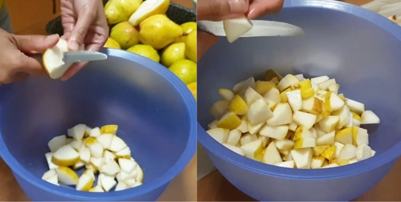 Sơ chế và cắt nhỏ quả lê tươi để chuẩn bị làm mứt