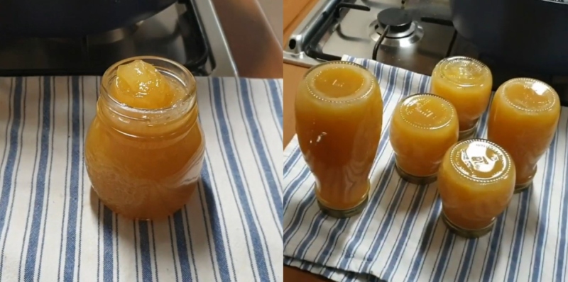 Mứt lê sau khi nấu được cho vào hũ thủy tinh để bảo quản