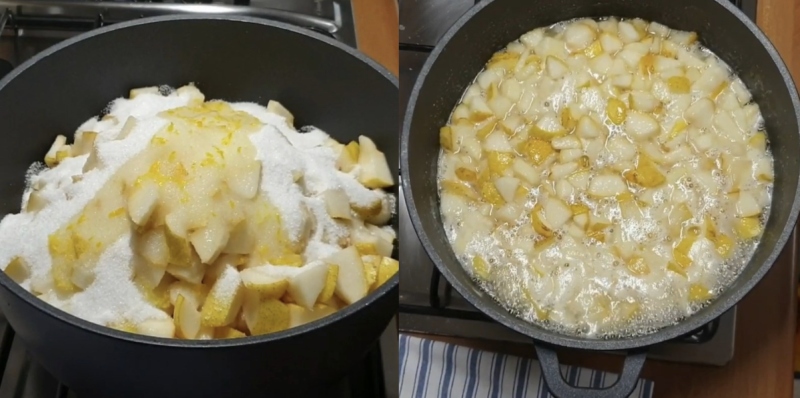 Lê trộn đường và đun sôi trên bếp để bắt đầu làm mứt