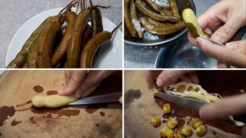 luộc me, tách vỏ và lấy thịt me