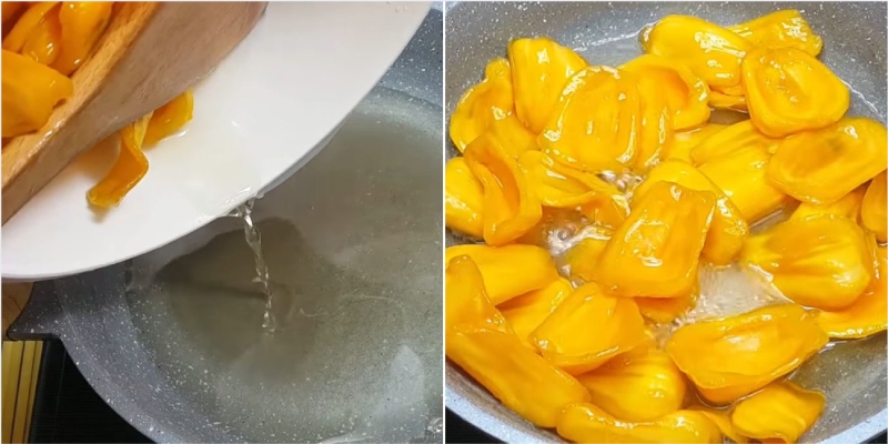 Đổ mít vào chảo nước đường để sên