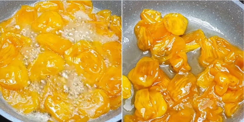 Mít đang sên trong chảo đến khi trong và keo lại