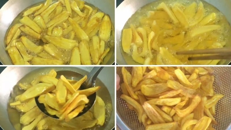 Chiên mít sợi vàng giòn trong chảo dầu