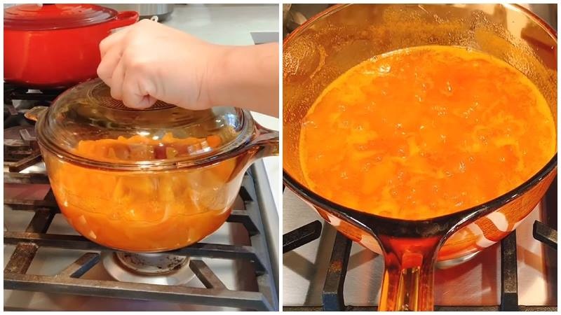 Nấu mơ trên bếp cho đến khi sánh lại thành mứt