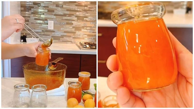 Múc mứt mơ nóng cho vào hũ thủy tinh bảo quản