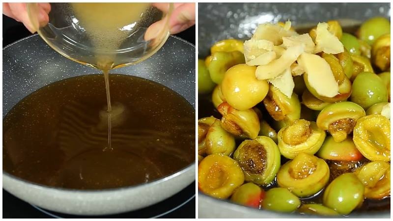 Đổ nước đường và thêm gừng vào mơ để sên mứt