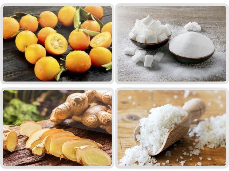 Nguyên liệu làm mứt quất gồm quất tươi, đường, gừng và muối
