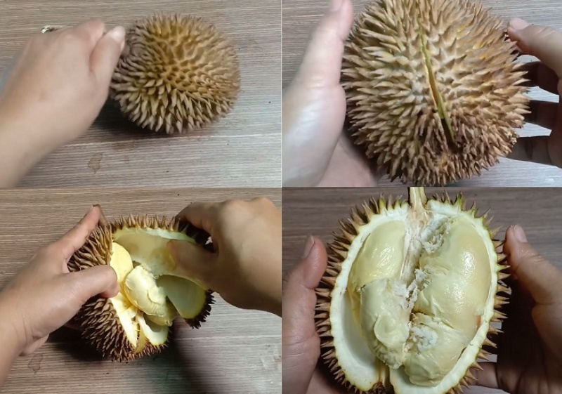 Tách và mở sầu riêng để lấy cơm chuẩn bị làm mứt