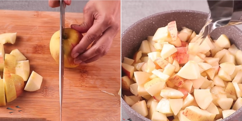 Táo được cắt miếng và cho vào nồi để nấu