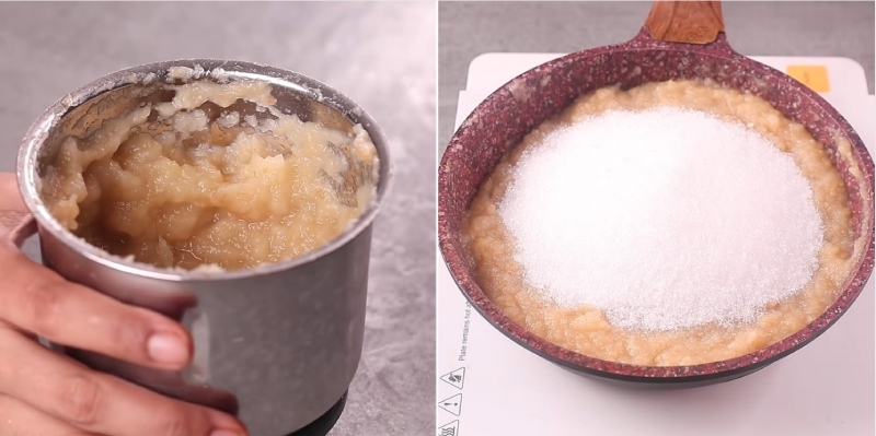 Táo xay nhuyễn và trộn với đường trong chảo