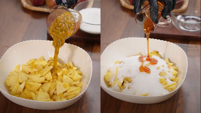 Trộn hỗn hợp chanh leo, đường và thơm