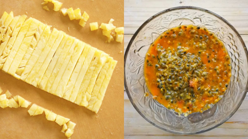 Công đoạn sơ chế thơm và chanh leo