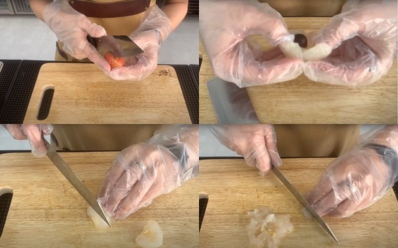  Vải tách bỏ hạt rồi cắt phần thịt thành từng khối nhỏ
