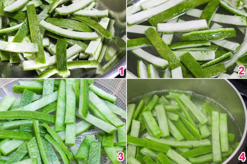 Các bước sơ chế vỏ bưởi xanh cắt sợi, luộc và ngâm nước