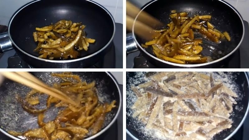 Các bước sên vỏ cam sành xanh với đường trong chảo