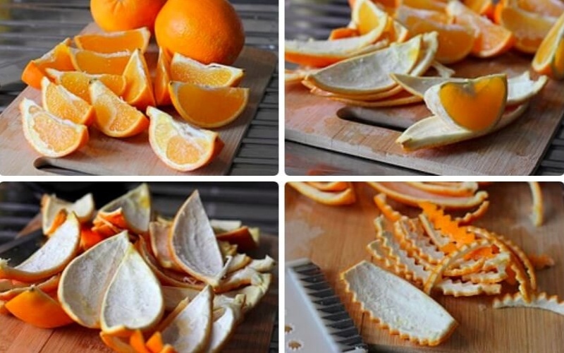 Các bước cắt cam và tách vỏ cam để làm mứt