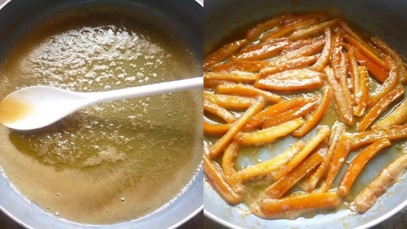 Vỏ cam đang được sên với đường trong chảo