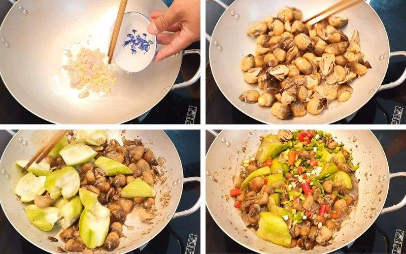 Quá trình xào nấm rơm cùng với rau củ