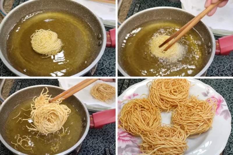 Tiến hành chiên mì chay trong chảo ngập dầu
