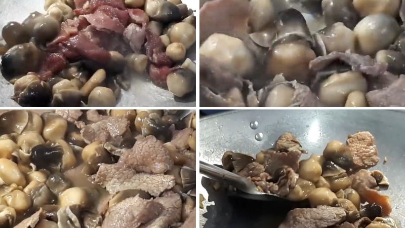 Công đoạn xào thịt bò với nấm rơm