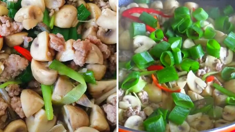 Cho thịt heo vào xào chung với nấm rơm